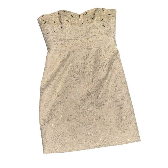 BADGLEY MISCHKA collection white & gold sparkly beaded strapless formal dress - Picture 1 of 7